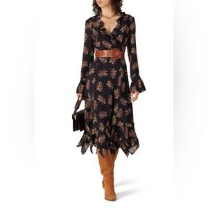 Thakoon Black Floral Ruffle Long Sleeve Midi Dress 12